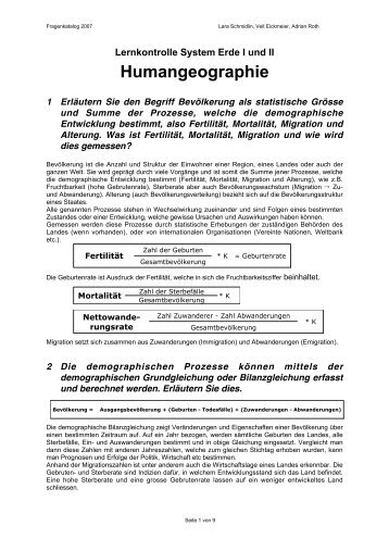 Lernkontrolle System Erde I und II Humangeographie - Die Zunft