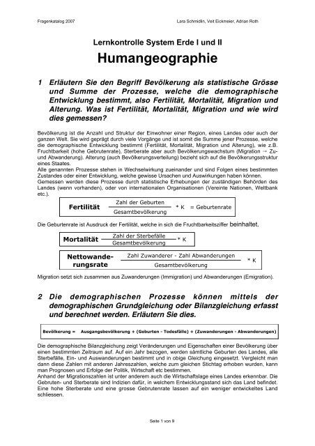 Lernkontrolle System Erde I Und Ii Humangeographie Die Zunft