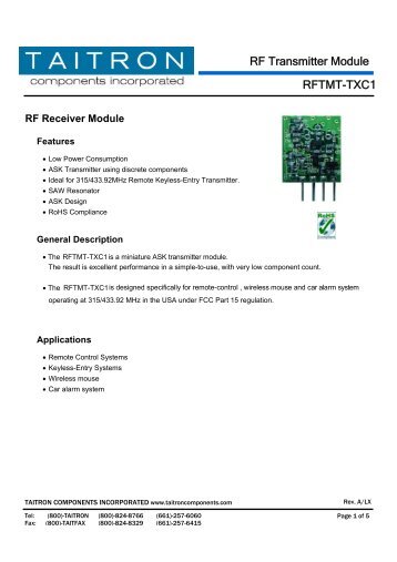 RF Transmitter Module RFTMT-TXC1 - Taitron Components, Inc.