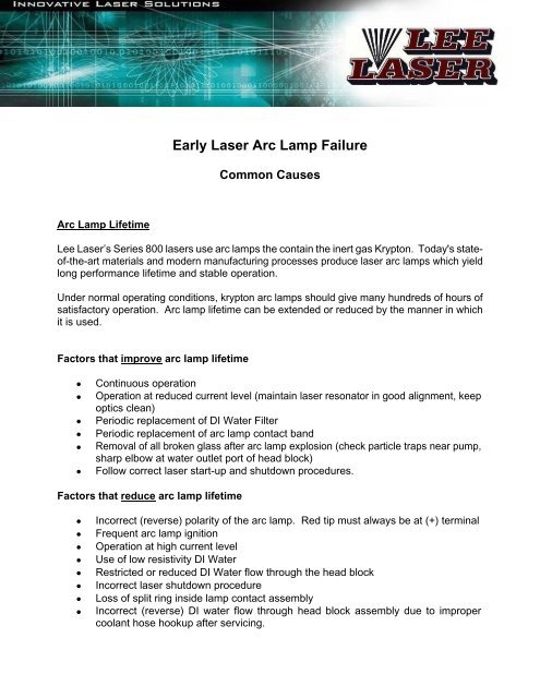 Early Laser Arc Lamp Failure - Common Issues - Lee Laser, Inc.