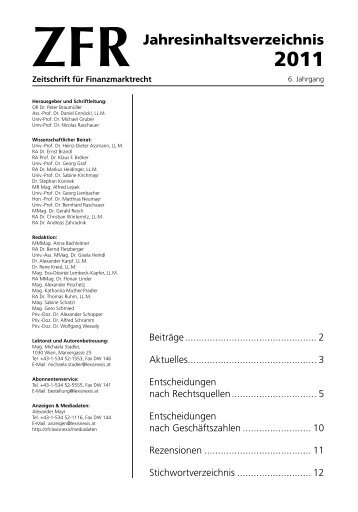 Jahresinhaltsverzeichnis 2011 - Zeitschrift für Finanzmarktrecht