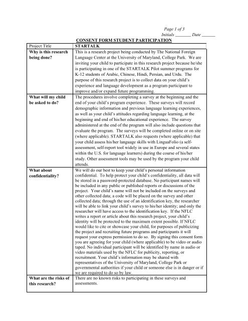 Student Cover Letter and Consent forms - STARTALK - University of ...