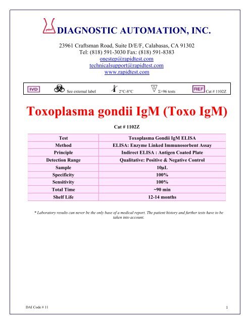 Toxoplasma gondii IgM (Toxo IgM) - Diagnostic Automation : Cortez ...