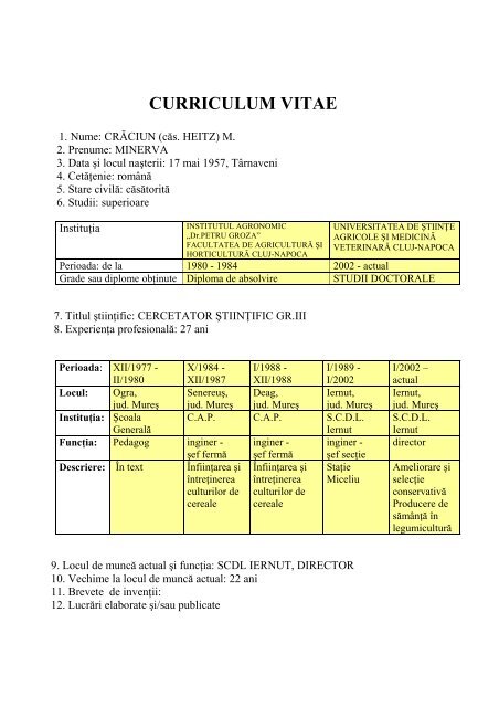 CURRICULUM VITAE MINERVA HEITZ - USAMV Cluj-Napoca