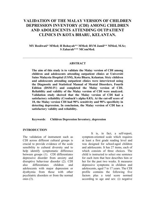 Validation of Malay Version of Children Depression Inventory (CDI ...