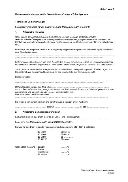 Musterausschreibungstext für Paneele - Hoesch Bausysteme GmbH