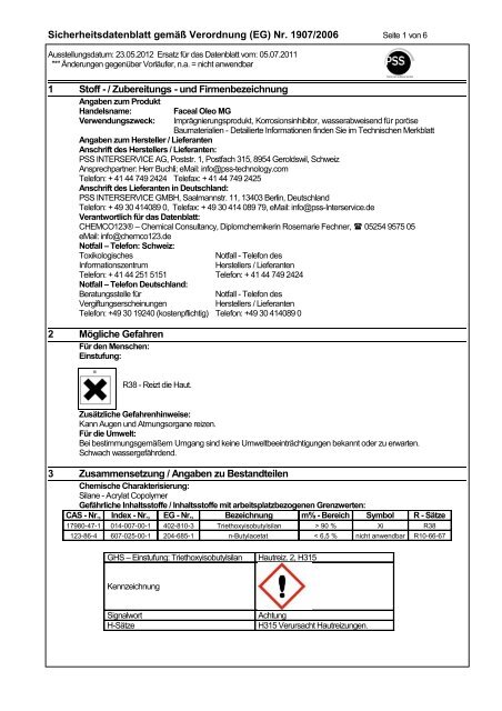Sicherheitsdatenblatt Faceal Oleo MG - pss-interservice.ch