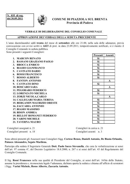Approvazione dei verbali della seduta precedente - Comune di ...