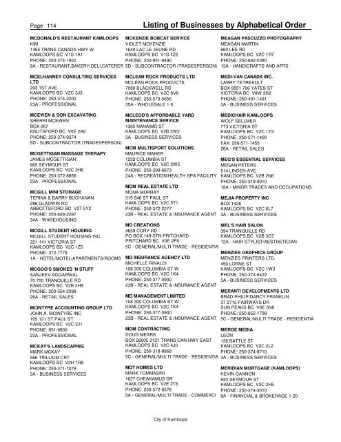 Listing of Businesses by Alphabetical Order - City of Kamloops