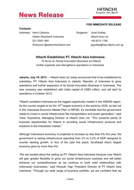 Hitachi Establishes PT. Hitachi Asia Indonesia - Hitachi Singapore
