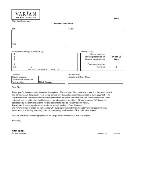 Date Planning Department Review Cover Sheet TO: FOR ... - Varian