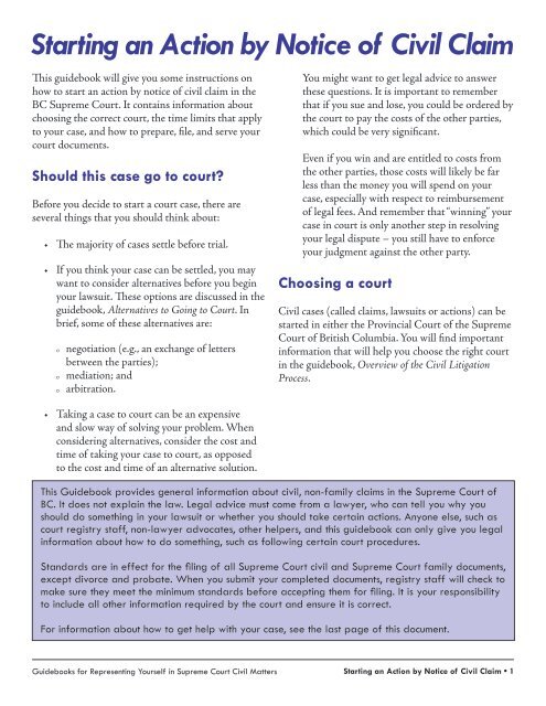 Starting an Action by Notice of Civil Claim Supreme Court BC Starting an Action by Notice of Civil Claim Supreme Court BC
