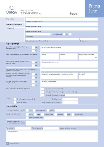 Obrazac prijave Ã…Â¡tete - lom stakla - Uniqa osiguranje d.d.