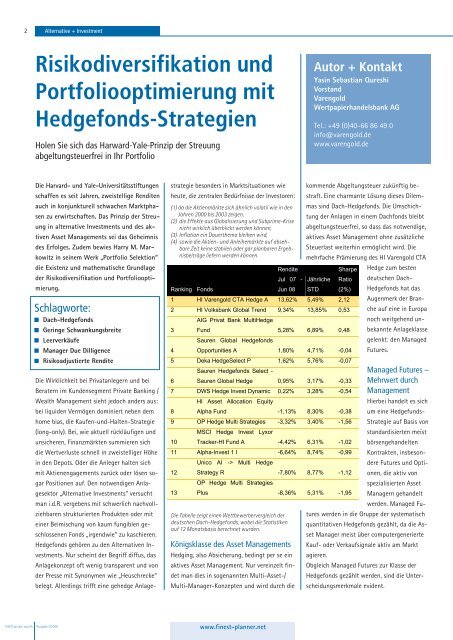 Risikodiversifikation und Portfoliooptimierung mit Hedgefonds ...