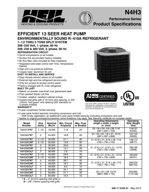 EFFICIENT 13 SEER HEAT PUMP Product Specifications