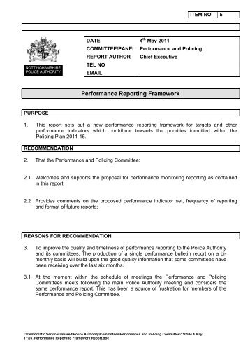 Performance Reporting Framework - Nottinghamshire Police Authority