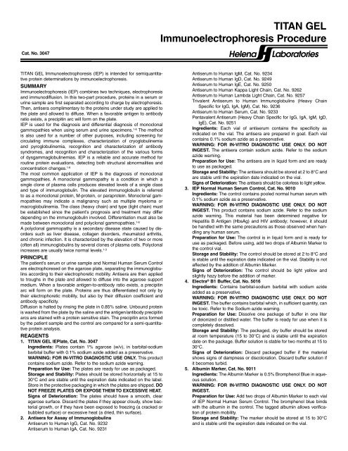 TITAN GEL Immunoelectrophoresis Procedure - Helena