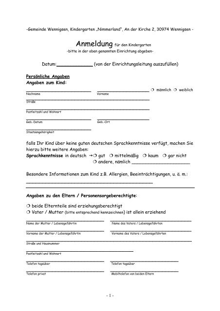 Anmeldung Kindergarten Nimmerland - Gemeinde Wennigsen