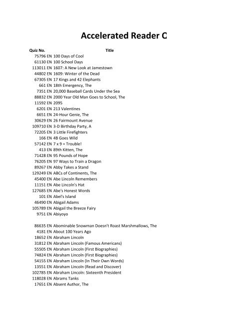 Accelerated Reader Quiz List - White Oaks Elementary School