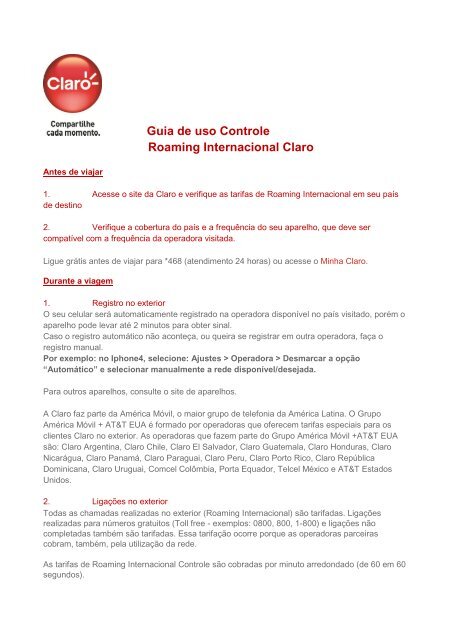 Guia de uso Controle Roaming Internacional Claro