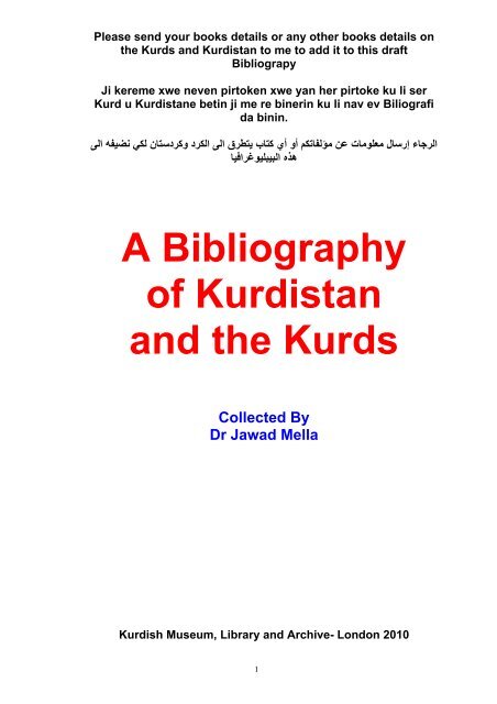 A Bibliography of Kurdistan and  the Kurds Collected By Dr Jawad ...
