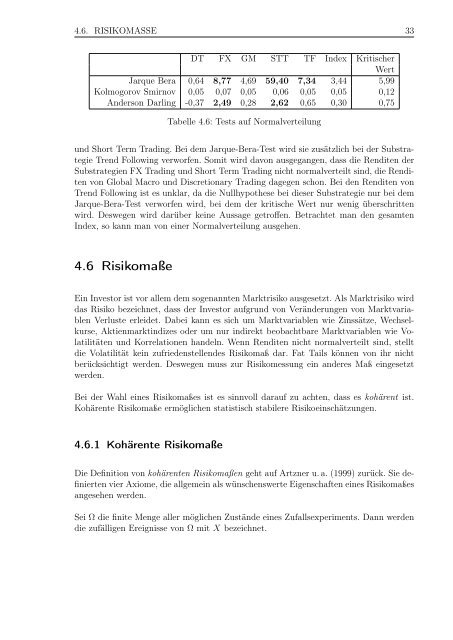 Statistische Kennzahlen für Renditen von Managed Futures