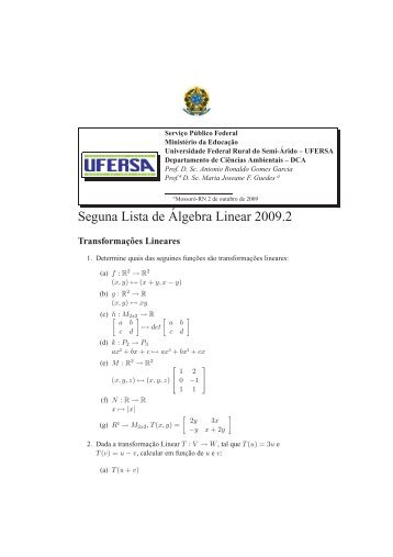 Seguna Lista de´Algebra Linear 2009.2 - Ufersa