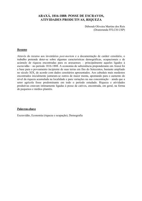 ARAXÃ, 1816-1888: POSSE DE ESCRAVOS, ATIVIDADES ... - UFMG