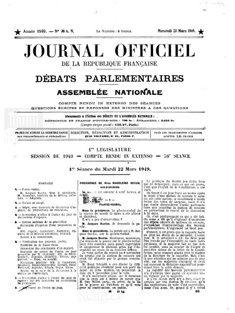 JOURNAL OFFICIEL - DÃ©bats parlementaires de la 4e RÃ©publique