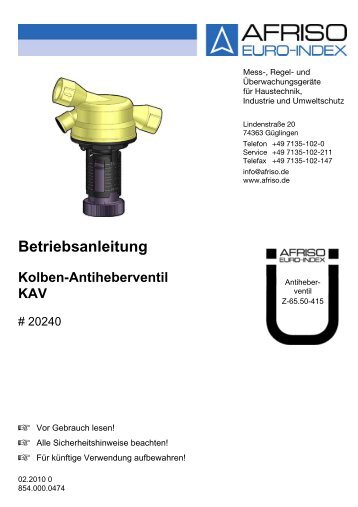 Betriebsanleitung für Kolben-Antiheberventil KAV - Der Wekonn e ...