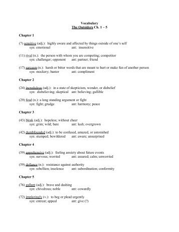 Vocabulary The Outsiders Ch. 1 Ã¢Â€Â“ 5 Chapter 1 (7) sensitive (adj ...