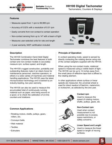 HH100 Hand-Held Tachometer Datasheet - Electro-Sensors, Inc.