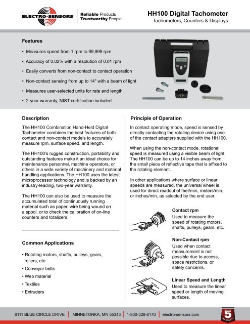 HH100 Hand-Held Tachometer Datasheet - Electro-Sensors, Inc.