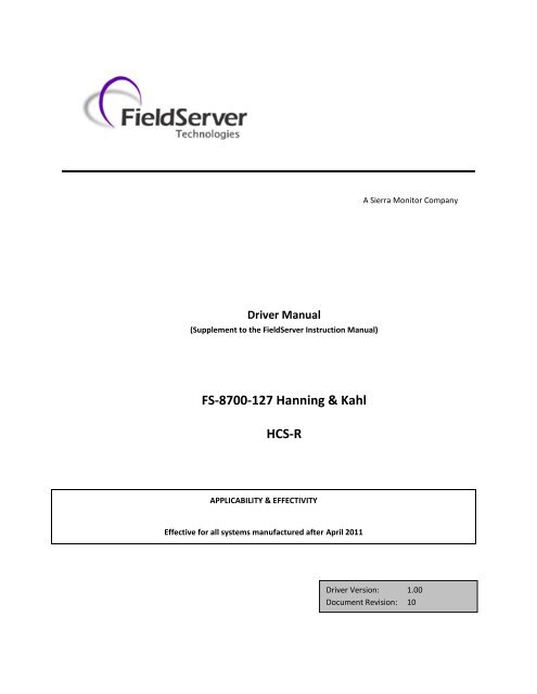 Hanning & Kahl HCS-R Manual - FieldServer Technologies