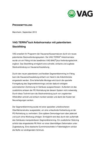 VAG TERRA lock Anbohrarmatur mit patentiertem ... - VAG Armaturen