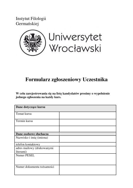 Formularz zgłoszeniowy słuchacza - Instytut Filologii Germańskiej