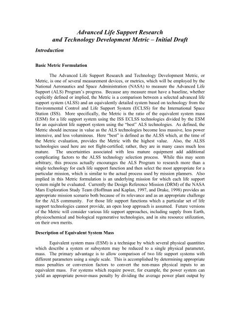 Advanced Life Support Research and Technology Development Metric