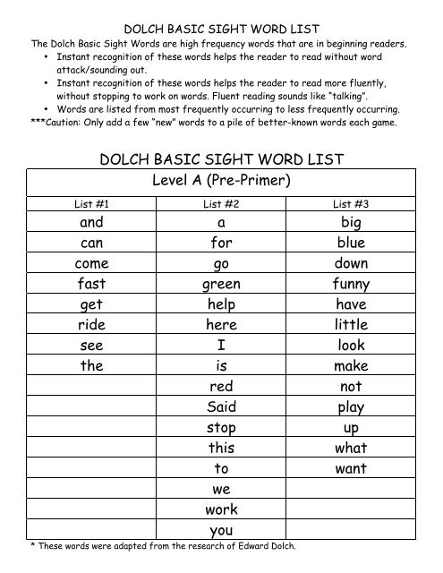 DOLCH BASIC SIGHT WORD LIST