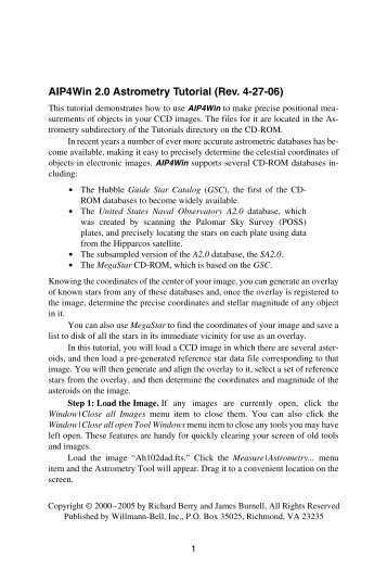 AIP4Win 2.0 Astrometry Tutorial (Rev. 4-27-06).fm - Willmann-Bell, Inc.