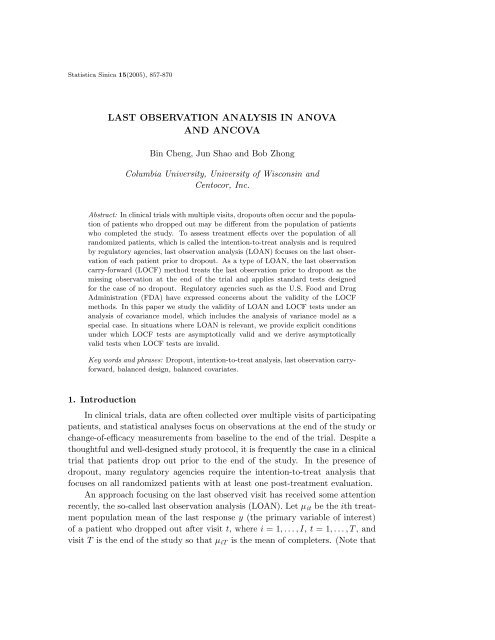 last observation analysis in anova and ancova - Institute of Statistical ...