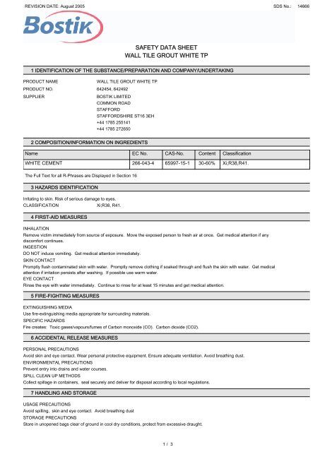 safety data sheet wall tile grout white tp - Trademate Home Page