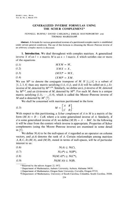 Generalized inverse formulas using the Schur ... - Benisrael.net