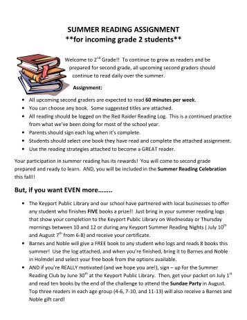 SUMMER READING ASSIGNMENT **for incoming grade 2 students**