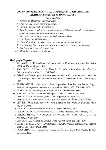 PSICÃLOGO 1. NoÃ§Ãµes de Medicina PsicossomÃ¡tica . 2. DoenÃ§as ...