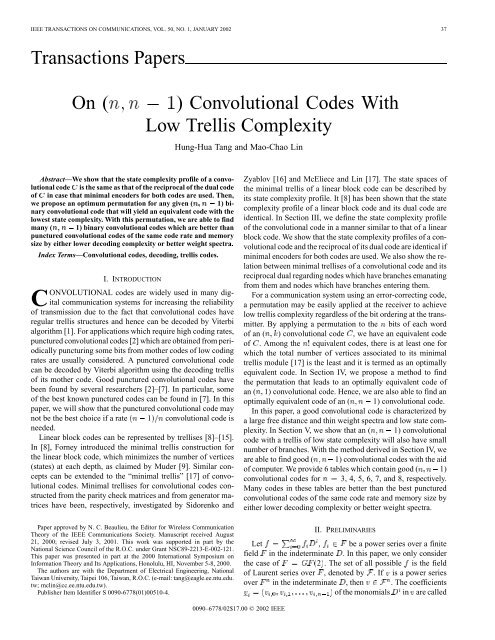 On [n, n - 1] convolutional codes with low trellis complexity ...