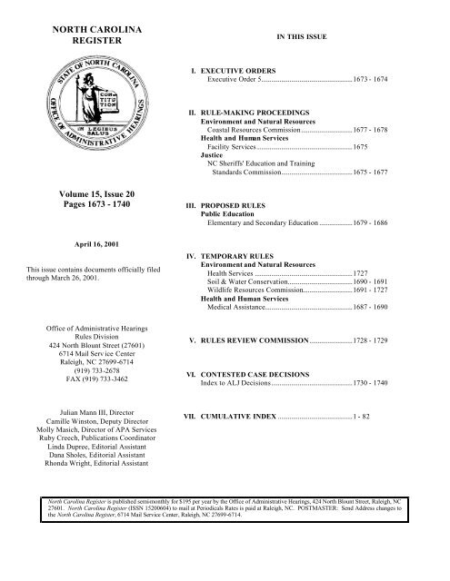 NC Register Volume 15 Issue 20 - Office of Administrative Hearings