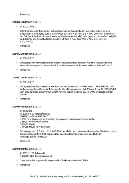 VwGH-Erkenntnisse mit Europarechtsbezug - Österreichischer ...