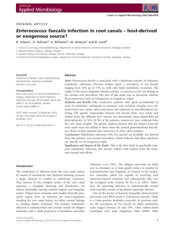 Enterococcus faecalis infection in root canals hostderived or - The ...