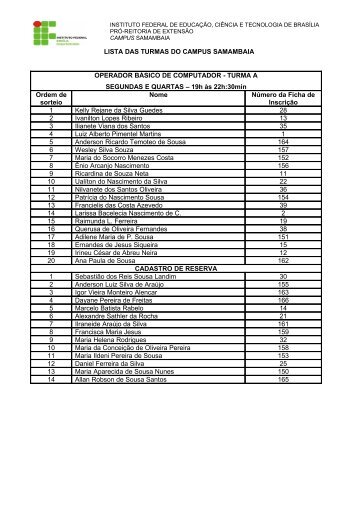 LISTA DAS TURMAS DO CAMPUS SAMAMBAIA - IFB