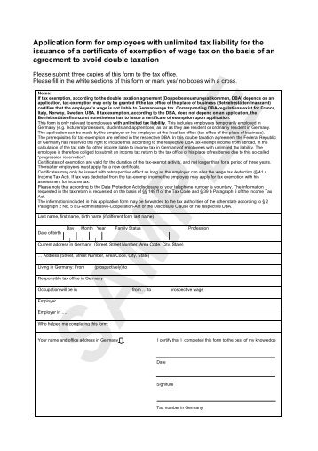 Application form for employees with unlimited tax liability for the ...